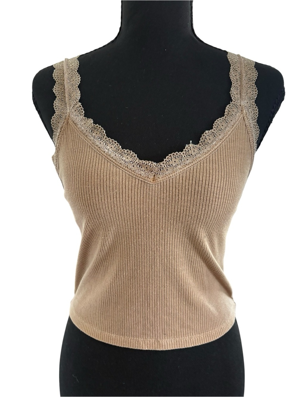 American Eagle Outfitters Ribbed Lace Trim Tank Top - Tan